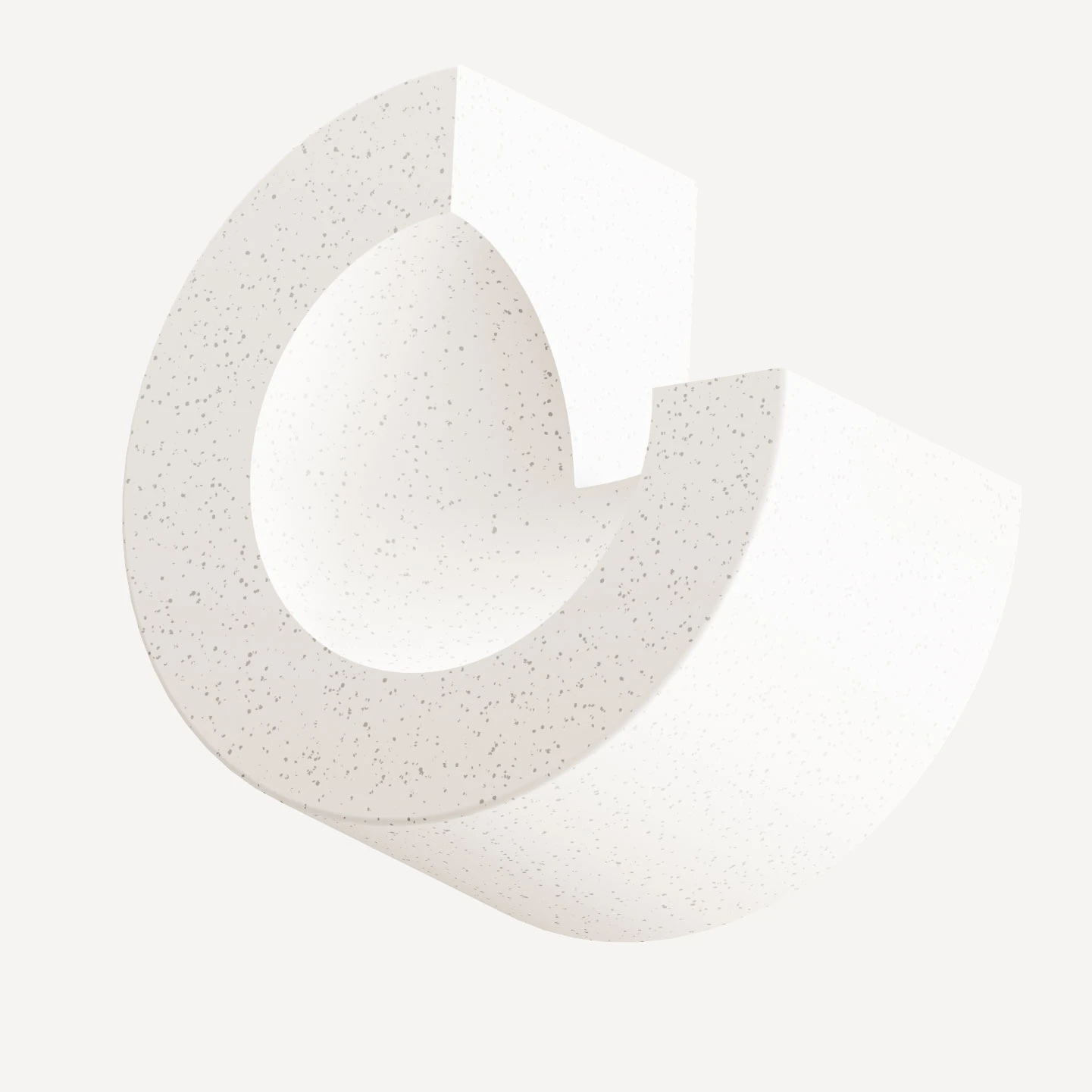 A textured, three-dimensional white torus with a quarter section cut out. The piece appears suspended against a plain white background, creating a minimalist and abstract effect.
