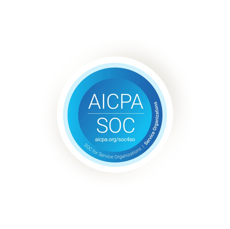 Blue circular badge with white text "AICPA SOC" at the center. Outer circle reads "SOC for Service Organizations | Service Organizations." Calm and professional tone.